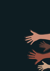 Raised hands, open palms. The concept of charity, volunteering, love, kindness, equality, racial and social issues. Vector illustration
