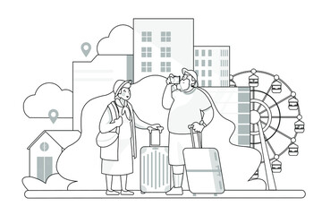 Elderly couple of tourists. Grandmother and grandfather with suitcases are traveling to travel.
