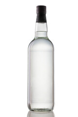 Bottle of clear alcohol drink on white background