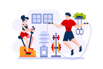 A woman is cycling on exercise-bike and a man is jumping rope