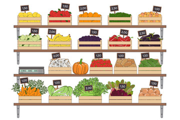 Fototapeta premium Set of vegetables and fruits in the boxes. Farmer s marker, grocery store, zero waste shop. Local market food, fresh and organic farm products. Hand drawn vector illustration.