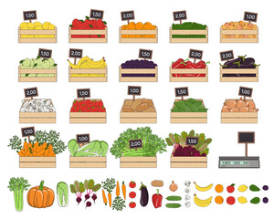 Set of vegetables and fruits in the boxes. Farmer s marker, grocery store, zero waste shop. Local market food, fresh and organic farm products. Hand drawn vector illustration.