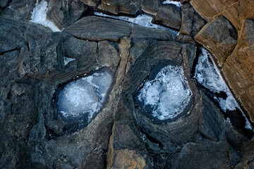 Natural salt pans in basalt rocks on the shore of an Atlantic island: 100% organic sea salt produced by evaporation of clean ocean water.