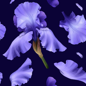 Digital Seamless pattern of iris flower on dark blue background.