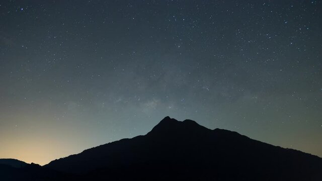 4K Time Lapse. Nature Video Scene of Milky Way Night Starry Sky With Glowing Stars Over Mountain Bright Glow Of Planets Saturn and Jupiter In Sky Among The Milky Way Galaxy Stars. Dark Sky and star.