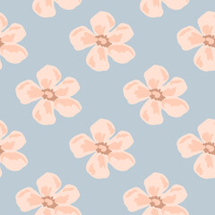 Pastel tones seamless pattern with pink hand drawn daisy flowers ornament. Blue background. Decor artwork.