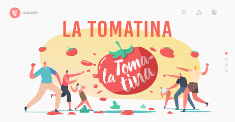 La Tomatina Landing Page Template. Tomato Festival Celebration. Happy Characters Throw Vegetable to Eath Other