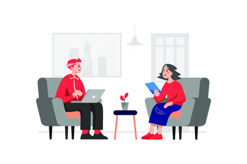 A man is using a laptop and a woman with a tablet is discussing about advertising and marketing