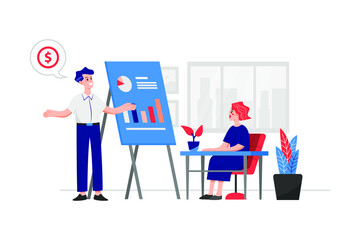 A young man and a young girl are discussing the profits and the growth achieved from a marketing campaign