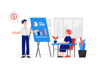 A young man and a young girl are discussing the profits and the growth achieved from a marketing campaign