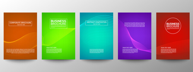 Cover geometric minimal. Set. Vector abstract line pattern for poster design. Set of templates for business brochures. Cool gradients. Graphic pattern for annual album backdrop.