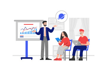 A man is talking about global marketing strategy and is analyzing line charts for 2 employees