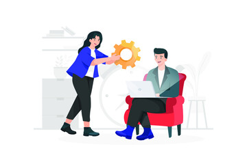 Woman giving businessman a big gear. 