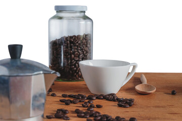 Moka pot coffee maker with fresh coffee bean on table.
