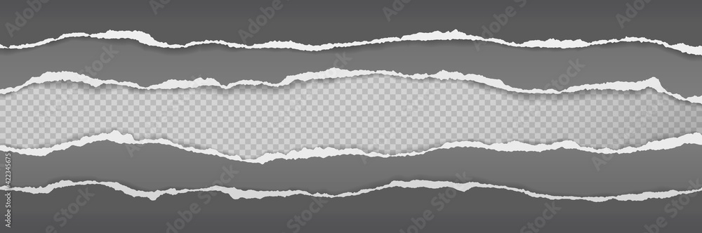Poster torn, ripped grey and black paper strips with soft shadow are on squared background for text. vector