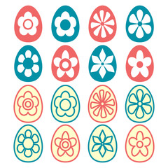 Happy Easter collection. Set of colorful Easter eggs with  flowers ornament. Isolated on white background. 3d vector Illustration. For spring holiday greeting card, poster, flyer