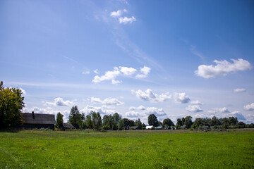 Fototapeta na wymiar Scenery. Green meadow and blue sky with clouds. Village on the horizon