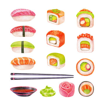 Set of sushi drawn with watercolors and pencils. Set of illlustrated Japanese food. Different kinds of sushi as rolls, maki, nigiri; wasabi, pickled ginger and soy sauce. 