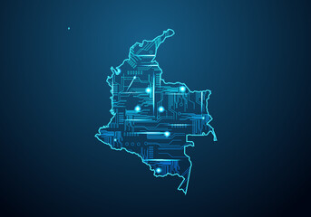 Abstract futuristic map of colombia.Circuit Board Design Electric of the region. Technology background. mash line and point scales on dark with map.