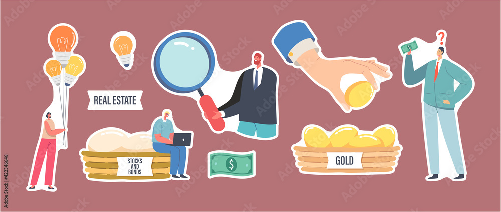 Poster set of stickers diversification and risk management theme. tiny characters at huge basket with golde