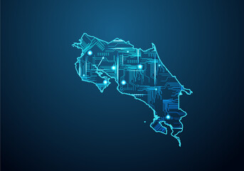 Abstract futuristic map of costa Rica.Circuit Board Design Electric of the region. Technology background. mash line and point scales on dark with map.