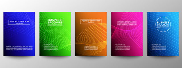 Cover geometric minimal. Set. Vector abstract line pattern for poster design. Set of templates for business brochures. Cool gradients. Graphic pattern for annual album backdrop.