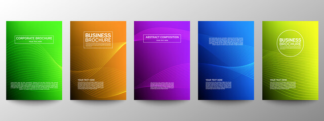 Cover geometric minimal. Set. Vector abstract line pattern for poster design. Set of templates for business brochures. Cool gradients. Graphic pattern for annual album backdrop.