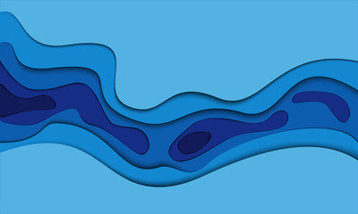 Abstract blue tone wave curve paper cut art 3D background vector illustration.