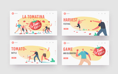 La Tomatina Landing Page Template Set. Tomato Festival Celebration. Happy Characters Throw Vegetable to Eath Other