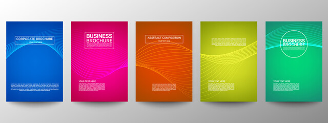 Cover geometric minimal. Set. Vector abstract line pattern for poster design. Set of templates for business brochures. Cool gradients. Graphic pattern for annual album backdrop.