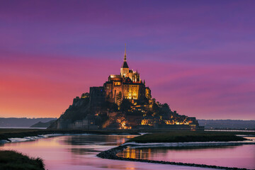 Mont Saint-Michel, Normandy, France; March 21, 2021 - A view of Mont Saint-Michel at dusk,...