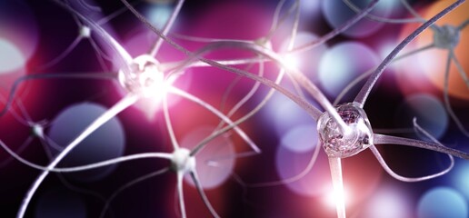 Nervous system impulse, nerve node close-up, neural network, 3D rendering