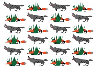 Pattern with foxes and wolves on a white background
