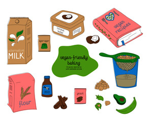 Vegan-friendly ingredients for baking. Vegan recipies book. Isolated hand-drawn flat vector illustrations with editable stroke.
