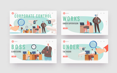 Fototapeta na wymiar Corporate Control Landing Page Template Set. Business Characters under Chef Observation at Work, Hand Hold Magnifier