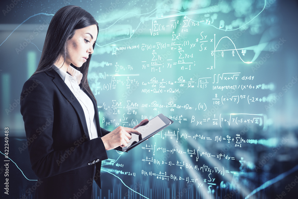Poster online education concept with businesswoman with digital tablet on digital screen with mathematical 