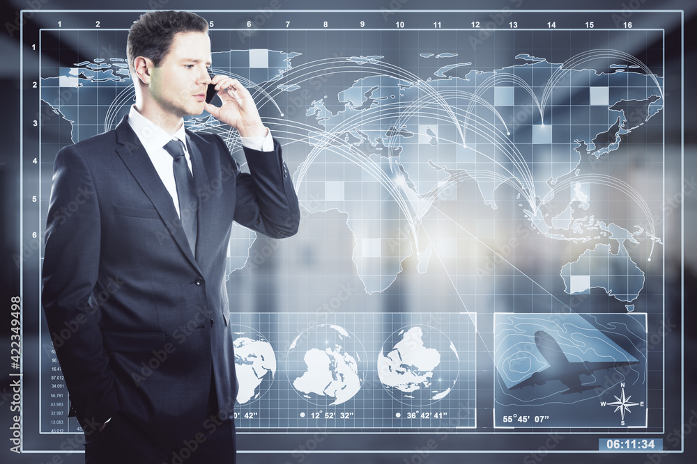 Poster Global trading and data exchange concept with businessman talking on the phone on digital screen with world map connected by lines background