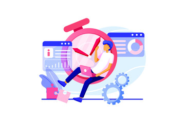 Young man controls time and project management. Concept businessman character with clock, puzzle and graph, diagram. 