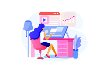 Young woman employee with professional equipment at working process