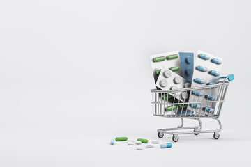 Drug store and online pharmacy concept with supermarket trolley and assorted medicine pills on...