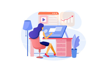 Young woman employee with professional equipment at working process