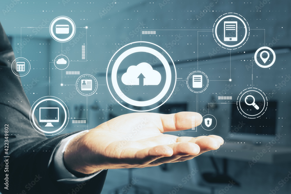 Poster cloud storage technology concept with man palm and digital internet service icons set above