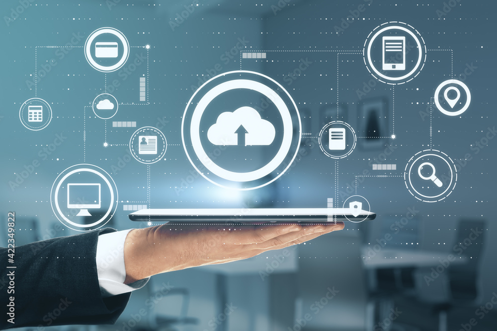 Poster Data storage concept with virtual display with cloud service icons above man hand with digital tablet
