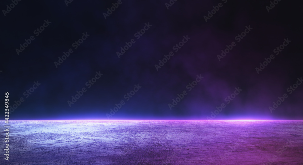 Wall mural Abstract background with blank dark wall and smoky concrete floor illuminated by purple color