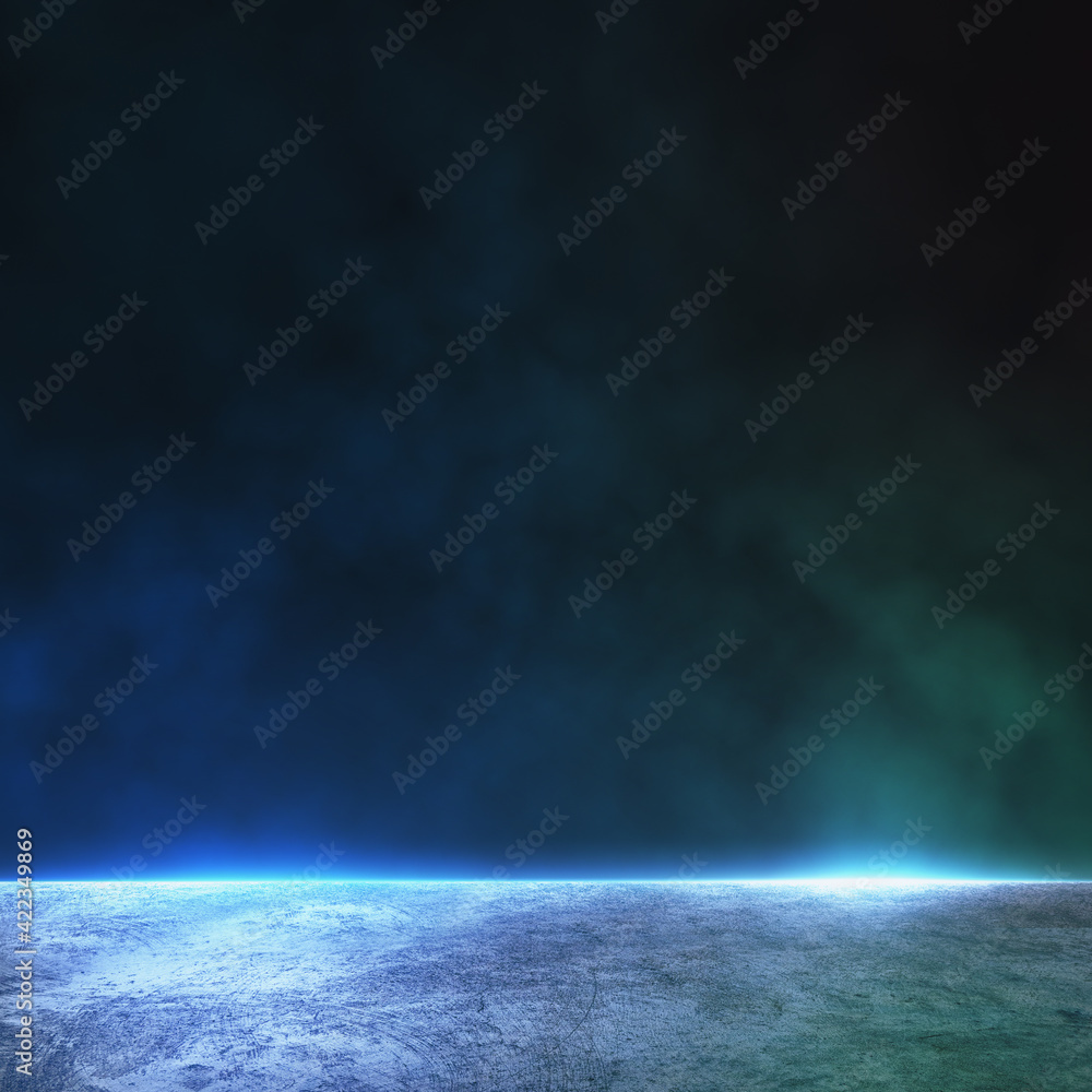 Poster abstract background with dark wall with copyspace and foggy concrete floor illuminated by blue color