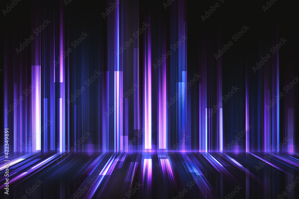 Poster abstract digital background with dark wall and floor and glowing light pink and purple lines. mock u