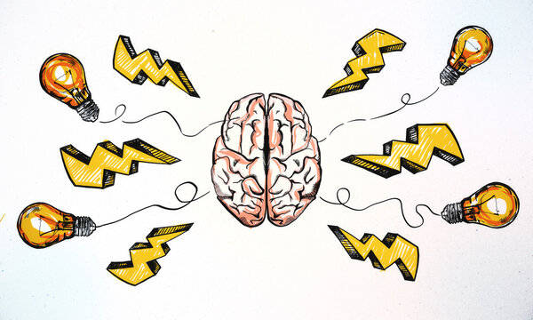 Brainstorm Concept With Handwritten Sketch Of Two Parts Of Human Brain, Orange Light Bulbs And Yellow Lightning Strike Symbols On White Background