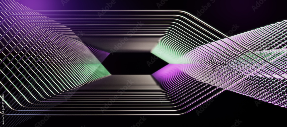 Poster abstract technology background with geometric lines in green and purple colors