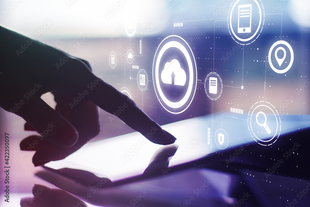 Poster cloud service concept with digital cloud application icons on man finger touching digital tablet scr
