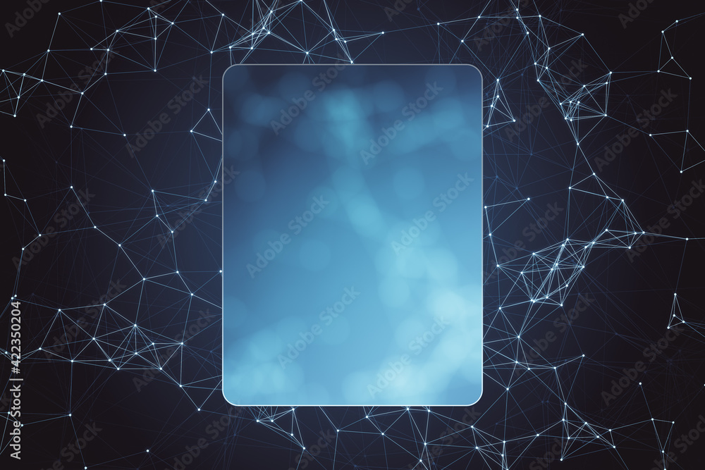 Poster Blank matt blue rectangular screen with rounded corners on abstract dark background with chaotic geometrical lines. Mockup